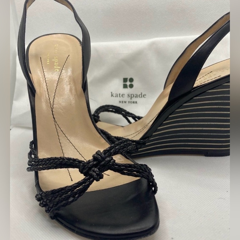 Kate Spade Black Braided Strap Slingback Wedge Sandals